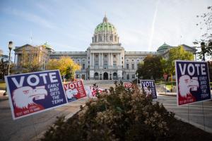 Pennsylvania’s Capitol building in Harrisburg on the morning of Election Day 2020.